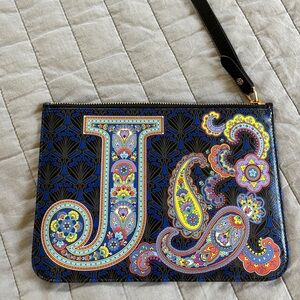 Liberty of London Black and Blue Clutch with Multicolor Paisley Initial